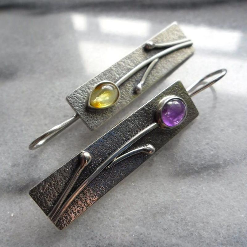 

Vintage Branch Flower Metal Dangle Earrings Tribal Jewelry Asymmetric Purple Yellow Teardrop Resin Stone Earrings Gift