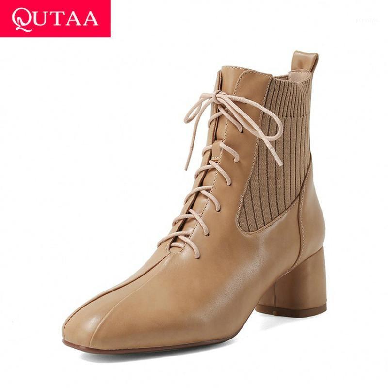 

QUTAA 2021 Ankle Boots Square Toe Lace Up All Match Women Boots PU Knitting Square Heel Casual Winter Shoes Big Size 34-431, Black