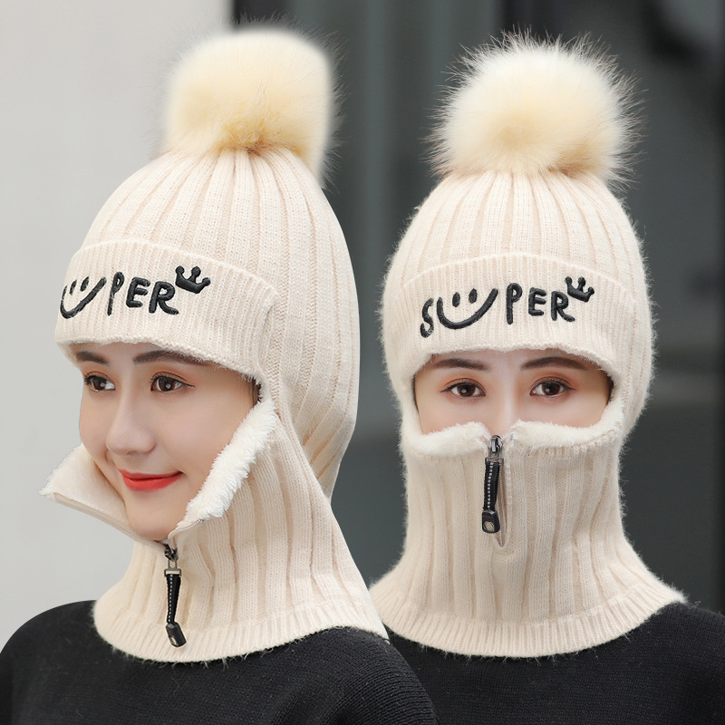 

Winter Hats Set Women Knitted Wool Hat Mask Lady Warm Velvet Thick Cycling Beanies Skullies Hat Female Collar Jumper Cap, Black