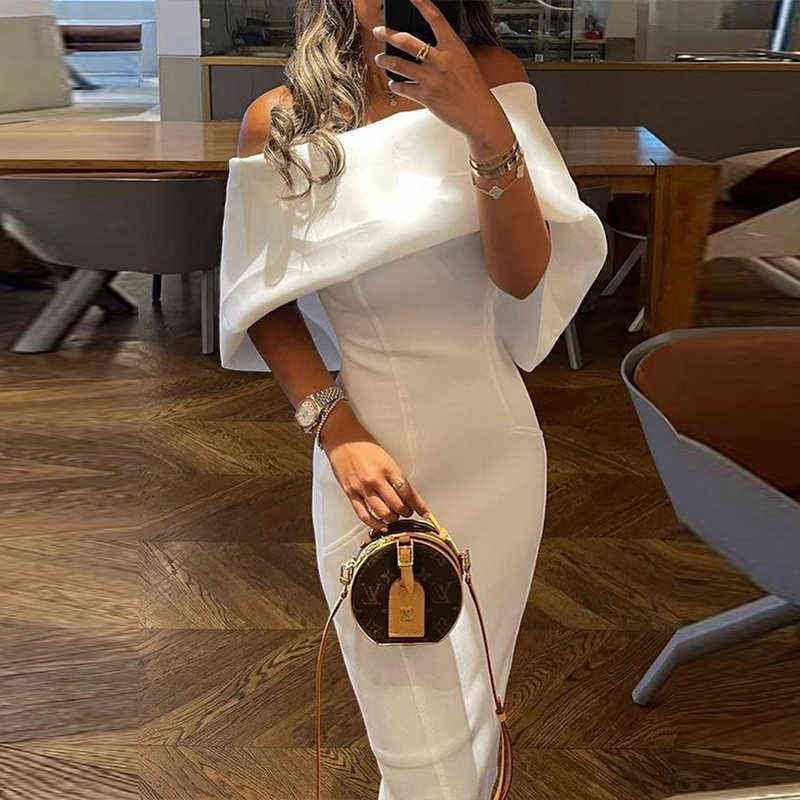 

Women Casual Solid Color Long Dress Elegant Off Shoulder Cape Design Skinny Party Dress Autumn Fashion Back Bow Dress Vestido G0214, 01 print