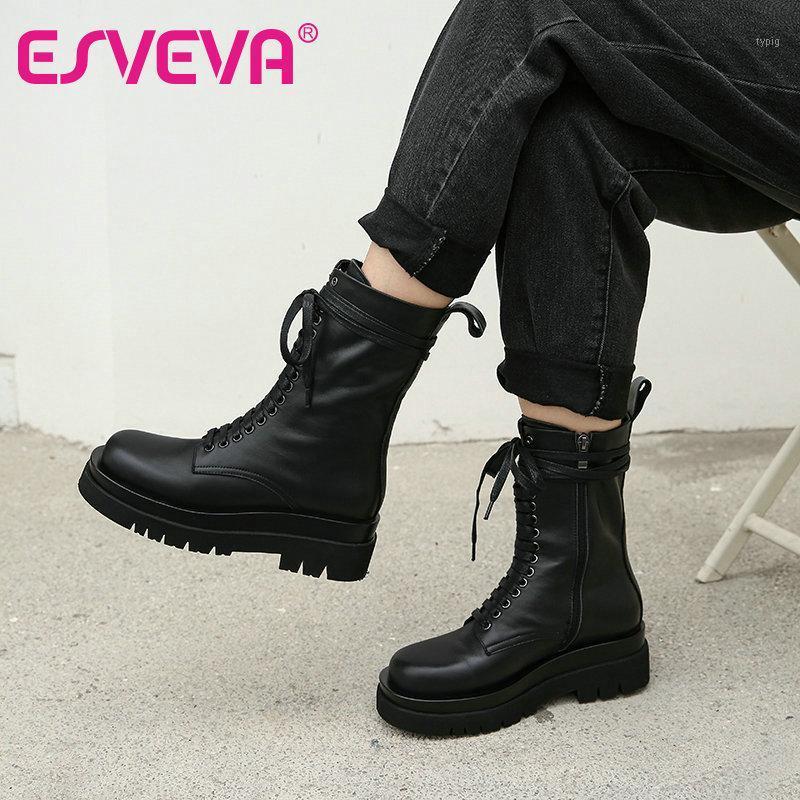 

ESVEVA 2021 Fashion Round Toe Ankle Boots Women Boots Winter Cow Leather Women Shoes Zipper Lace Up Size 34-401, Black-short plush