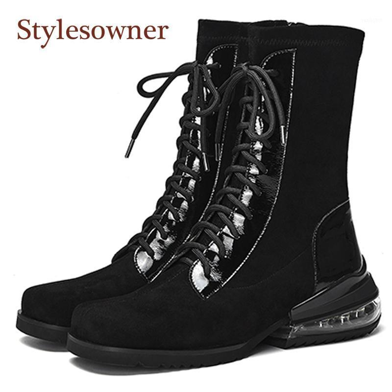 

New Handsome Platform Woman Boot Real Leather Retro All-match Lace-Up Short Boots Autumn Winter Meshmere Air Cushion Shoe1, Black