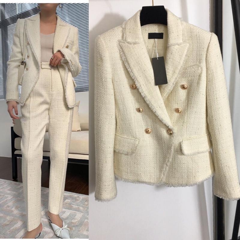 

2020 Autumn Clothes Women Fashion Tweed White Blazer Elegant Office Ladies Gold Buttons Jacket Formal Pants Set