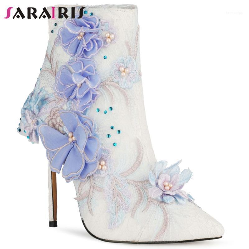 

SaraIris Zipper Fashion Ins Hot Boots Women Party Boots Ladies Fashion Flower Lace Pointed Toe High Heels Shoes1, White