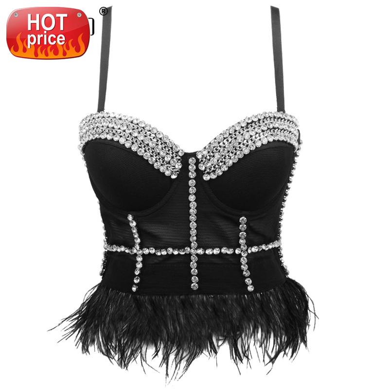 

Sexy Women Sparking Crystal Gorgeous Crop Top Feather Tassel Bustier Strap Push Up Celebrity Party Wear Night Club Camis AKYZO #tb68, White