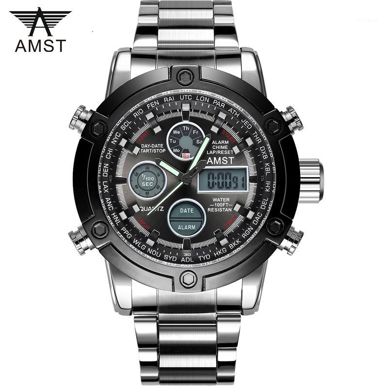 

Wristwatches 2021 Waterproof Relogio Masculino AMST Watches Men Watch Stainless Steel Analog Digital Dual Time Sport Watches1, Silver back