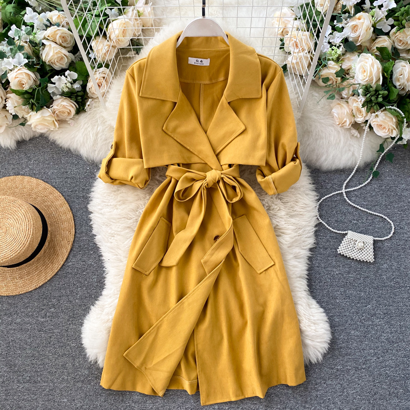 

2021 New Female retro solid Autumn inlaid design double breasted outerwear fashion streetwear a-line jacket GKGH, Yellow.