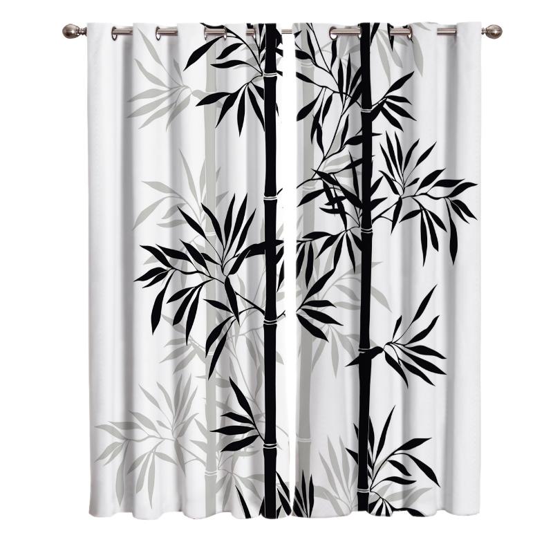 

Black White Bamboo Chinese Style Ink Leaf Plant Window Treatments Curtains Valance Kitchen Drapes Indoor Kids Room Home Decor, As pic