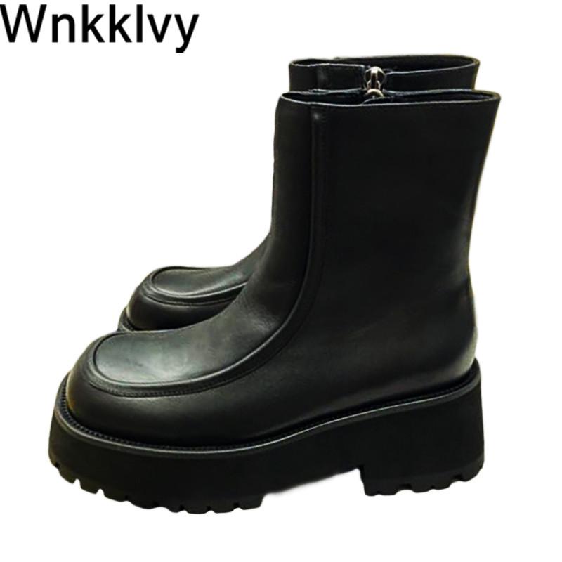 

Women platform boots autumn winter thick bottom real leather ankle boots round toe short botas 2020 runway design shoes, Black
