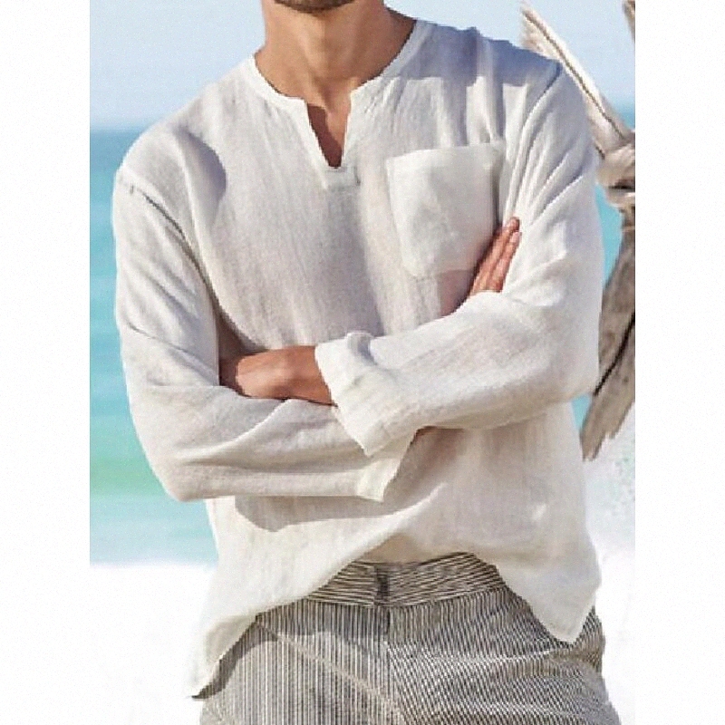 mens simple solid color long sleeve v-neck 100% cotton shirts a62x#