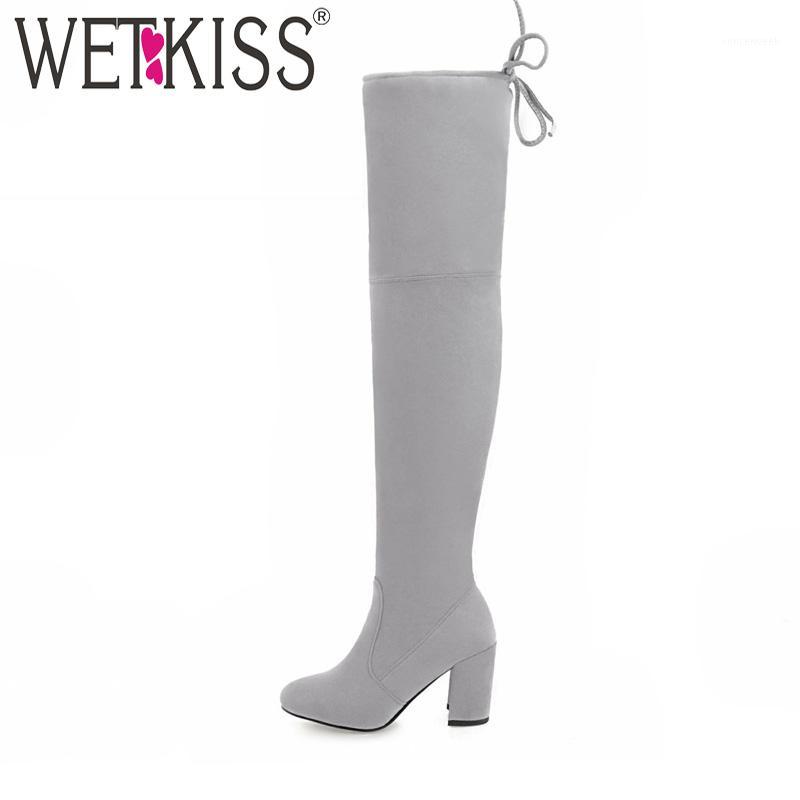 

WETKISS Over The Knee Women Boots Cross Tied Warm Square Toe Flock Footwear Thick High Heels Lady Shoes Party Stretch 2020 Boot1, Apricot