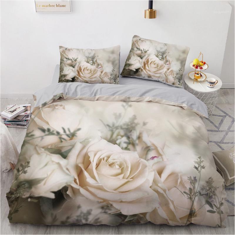 

3D Bedding Set Custom Single Double King Size 3PCS Duvet Cover Set Comforter/Quilt Pillow Case Flowers Bed For Wedding1, Flower 008-gray