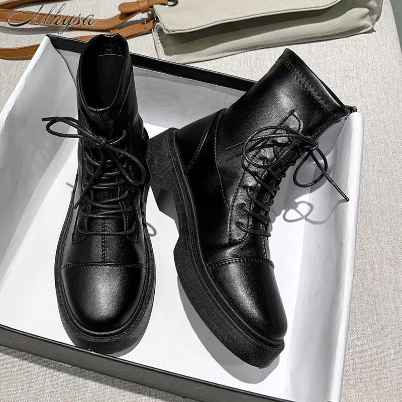 

2020 Autumn New Women's Flat Thick Heel Plus Velvet Warm Boots Women Lace Round Toe Women's Short Boots Botas Mujer W404, Black