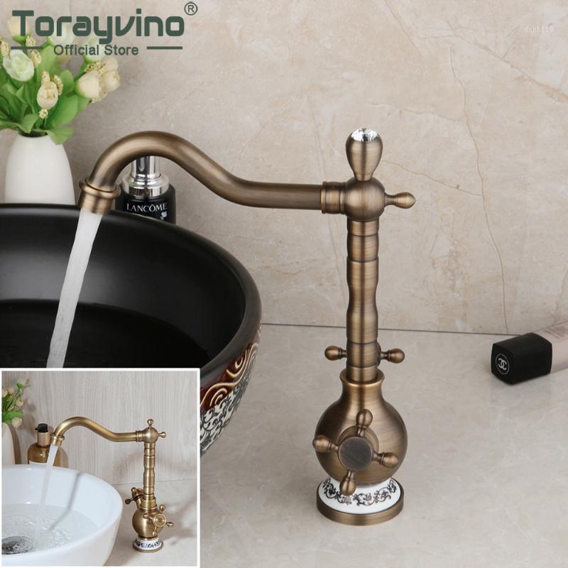 

Torayvino Antique Brass Bathroom Faucet Dual Handle Basin Sink Swivel Spout Faucets Washbasin Deck Mount Hot And Cold Water Tap1