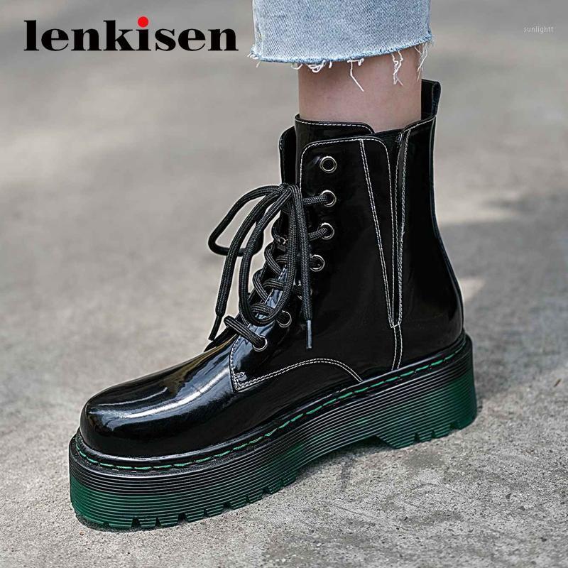 

Lenkisen hot cow leather high street fashion platform round toe med square heels lace up beauty lady daily wear ankle boots L081, Black