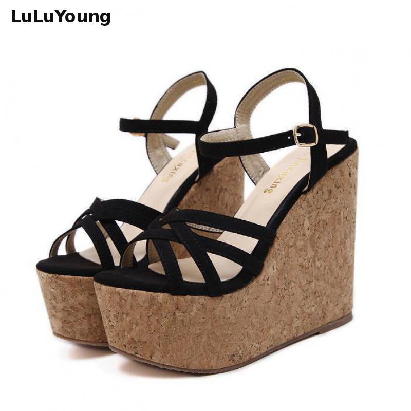 

11cm High Heel Sandals Summer New Buckle Fashion Wedges Roman Shoes Platform Sexy Ladies Sandals Shoes, Black