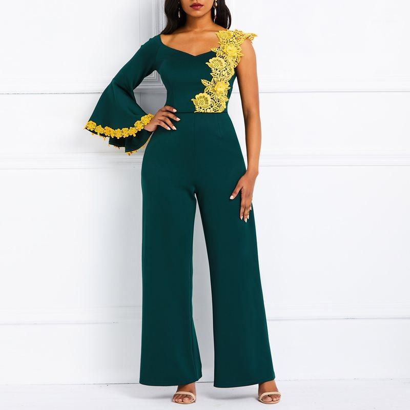 

Women's Jumpsuits & Rompers Women Sexy Lace Wide Leg Jumpsuit Patchwork Flare Sleeve One Shoulder Party Ladies Elegant Fashion High Waist Ov, Green