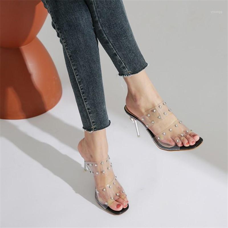 

Sexy Gladiator Transparent Sandals Shoes For Woman Size 30-48 Thin High Heels Half Slippers 2020 Summer New Women's Shoes Slides1, Beige x91
