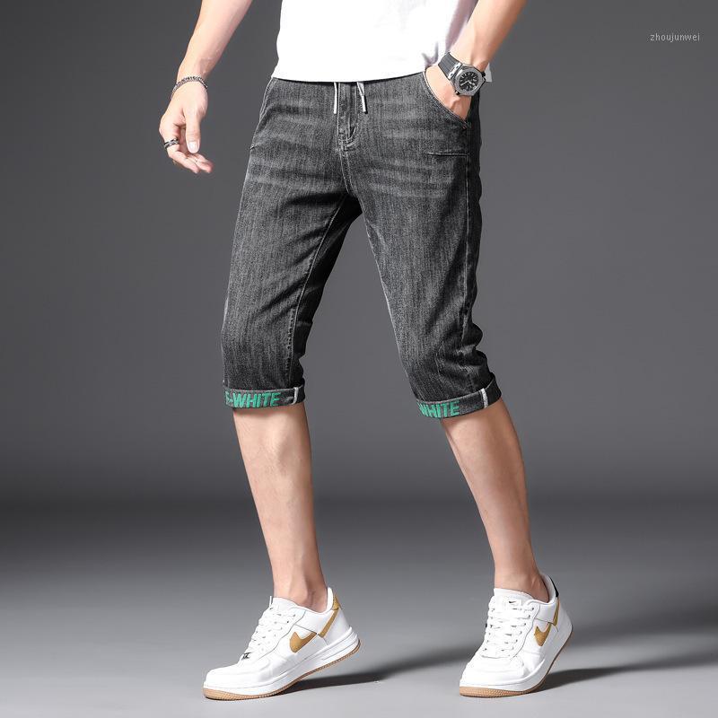 

Men's Jeans Summer Black Gray Denim Shorts Capris Korean Slim Drawstring Elastic Waist Thin Breeches