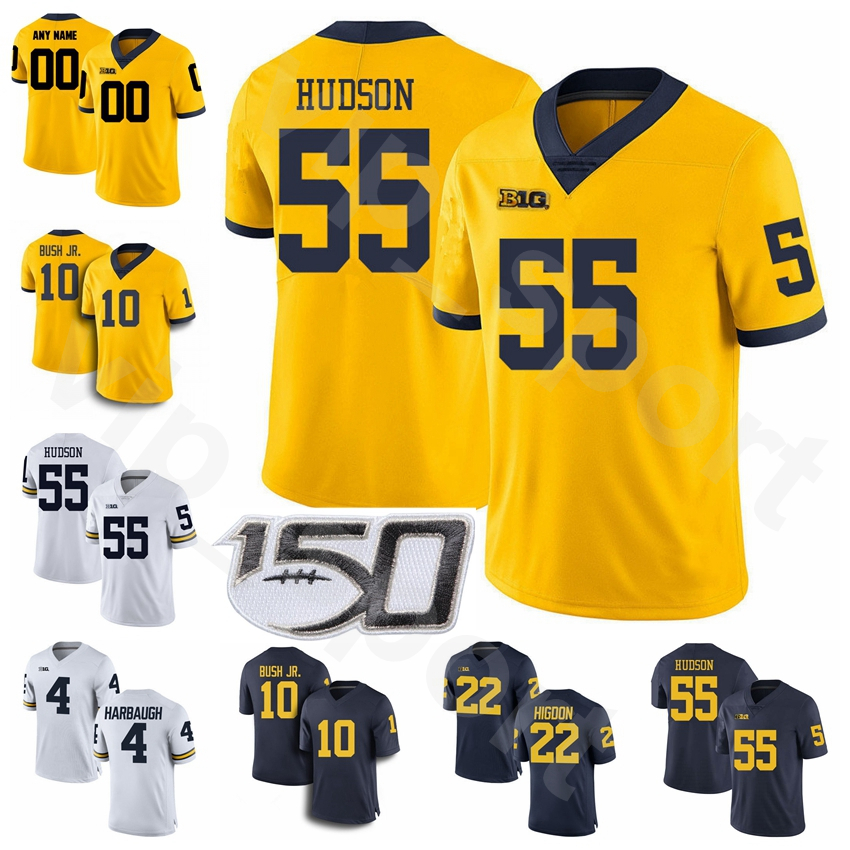 

NCAA Football Michigan Wolverines College 10 Devin Bush JR Jersey 55 Brandon Graham Braylon Edwards Jim Harbaugh Karan Higdon Men Woman Kids, With 150th patch