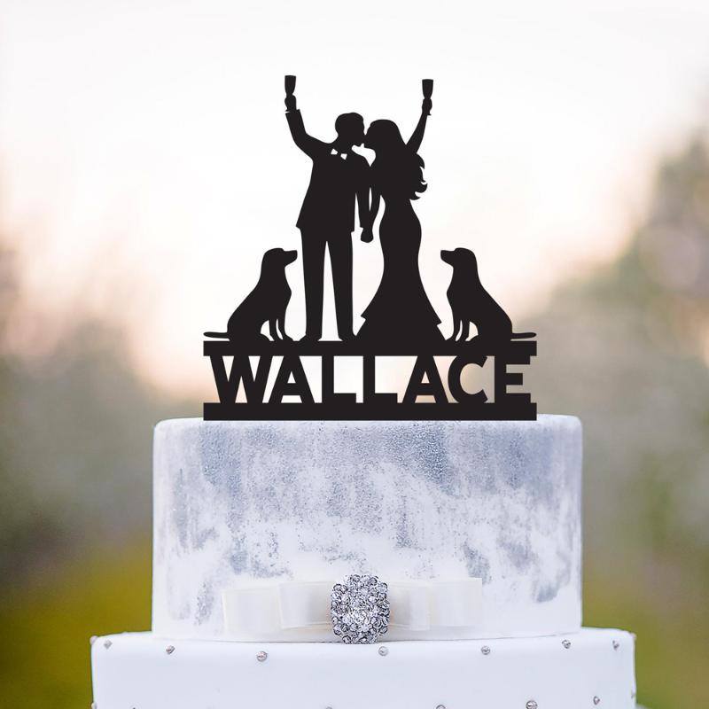 

Wedding cake topper with dog,golden retrievers couple cake topper,Personalise bride and groome last name topper