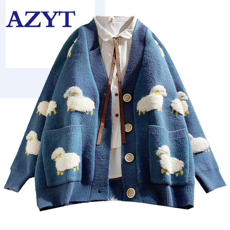 

Autumn New Knit Female Cardigan Loose Streetwear Knit Sweater Coat Cute Cartoon Print V Neck knitted cardigan Women Jacket 201007, Blue