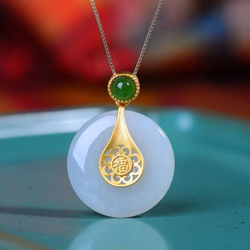 

Chains Silver Inlaid Natural Hetian Jade Pulp Pendant Necklace Chinese Style Retro Minority Design Charm Women's Jewelry