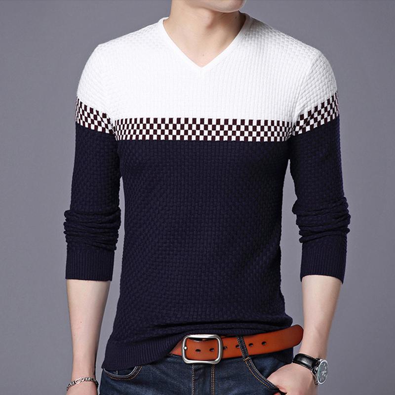 

Autumn Winter Warm Knitted Sweaters Men Pullover Nice Casual Patchwork Slim V-neck Cotton Navy Men Sweater Plus Size 5XL