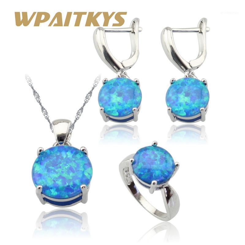 

Round Australia Fire Blue Opal Silver Color Jewelry Sets For Women Wedding Necklace Pendant Earrings Rings Gift Box1