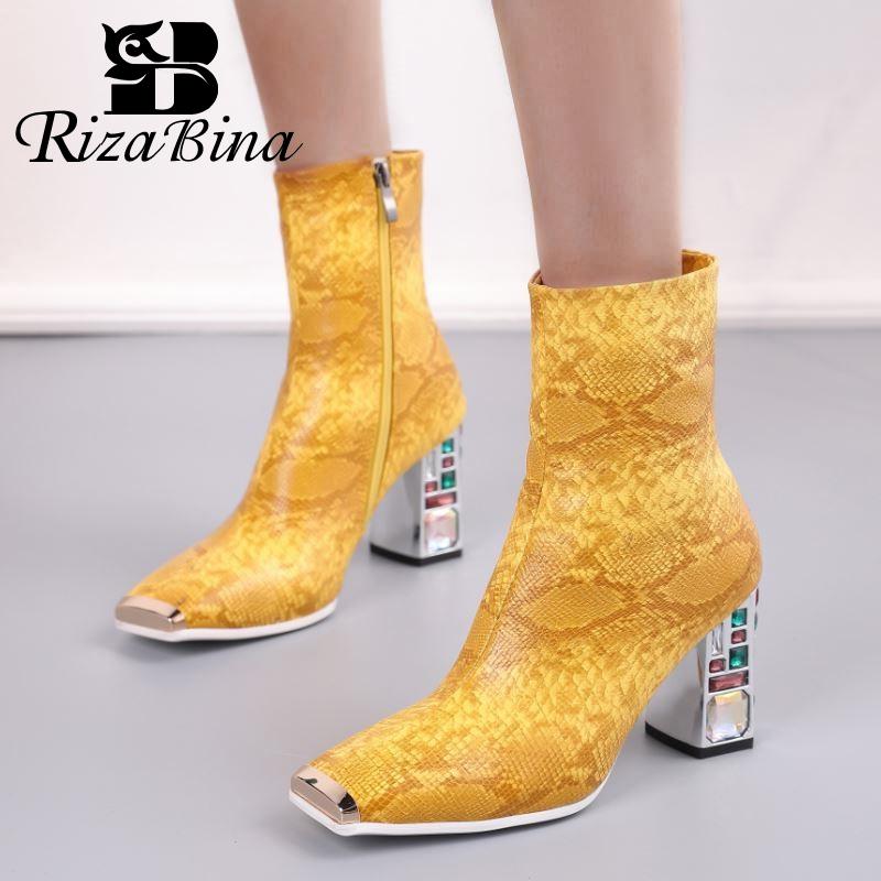 

RIZABINA Women Shoes Ankle Boots Square Toe Thick High Heel Crystal Snakeskin Shoes Zipper Winter Footwear Size 34-48, Yellow