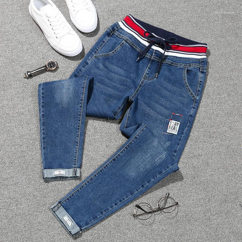 

Fat Spring And Autumn Big Size Women 's Small Foot Harun Jeans Sister's Foreign Style Capris Pants Striped Patches Straigh1, Light blue