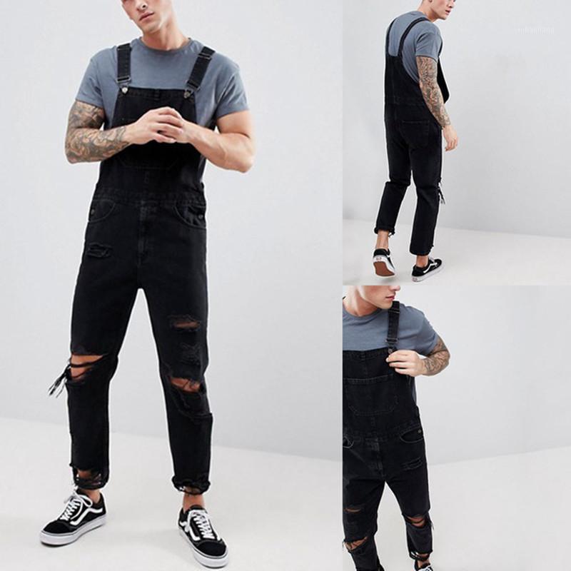 

Rompers Mens Jumpsuit 2020 New Fashion Cotton Casual Male Denim Destroyed Ripped Distressed Slim Jeans Pants Overalls Plus Size1, Black