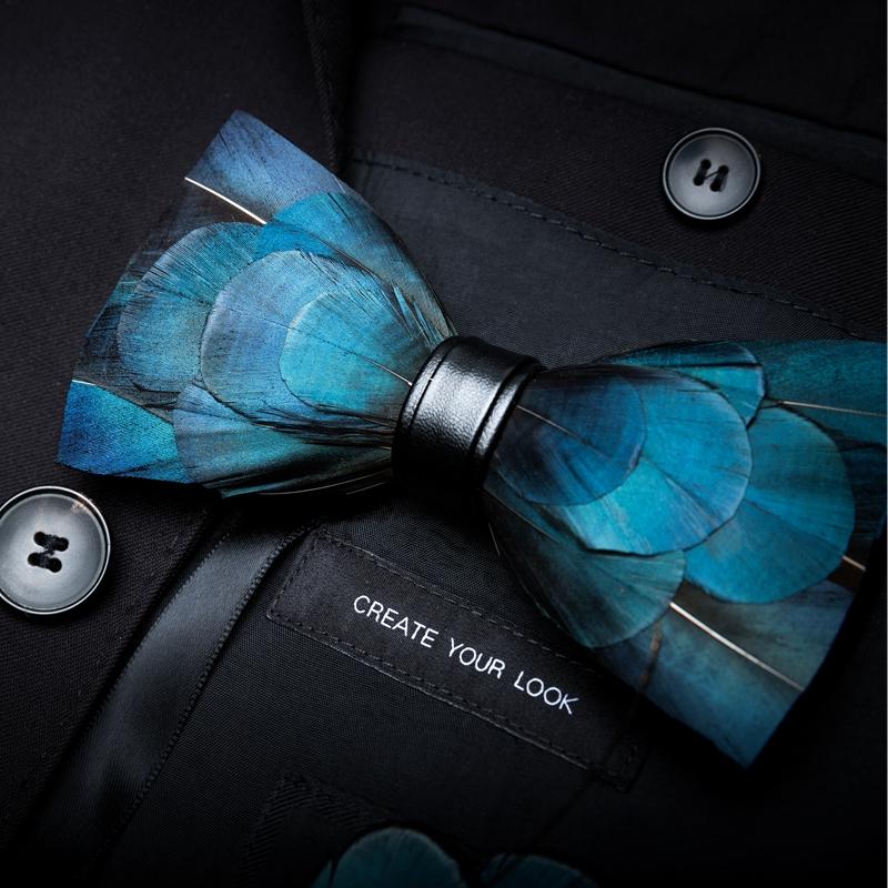 

GUSLESON New Fashion Mens Handmade Feather and Leather Bow Tie Pre-tied Bowtie For Wedding Party With Gift Box