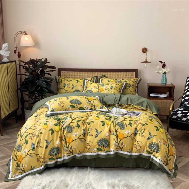 

4 Piece Pastoral Bedding Sets King Queen Size Luxury Sateen Bed Linen Egyptian Cotton Duvet Cover Set Fruit Birds Sheets Yellow1, 18