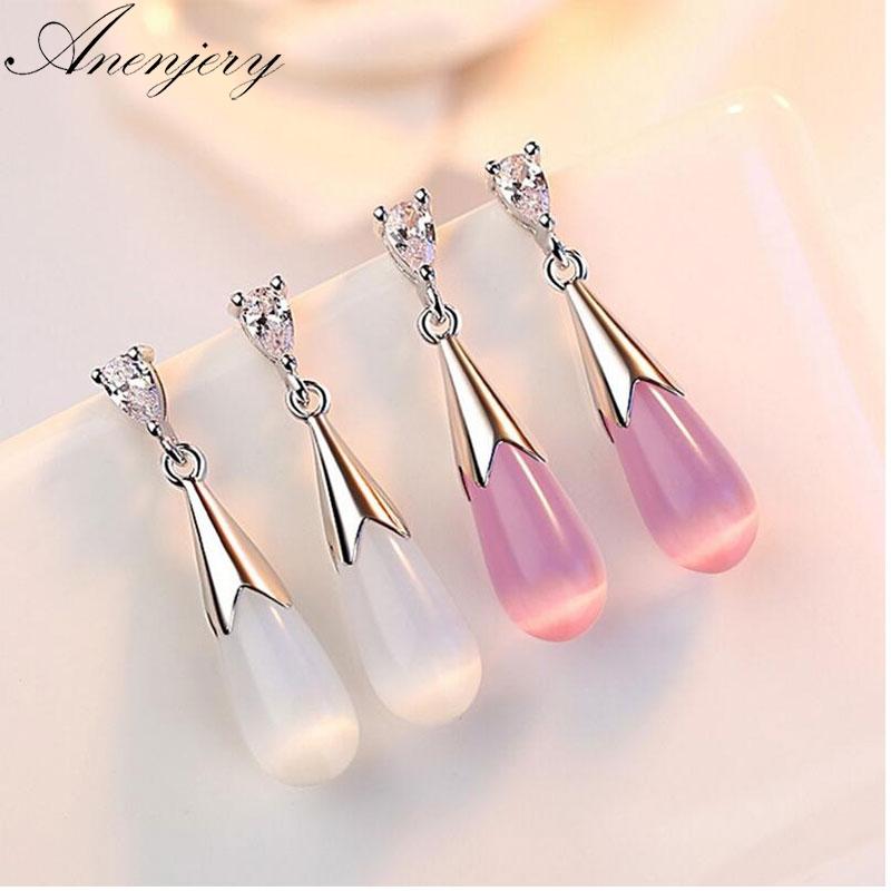 

Anenjery 925 Sterling Silver Earrings Moonlight Opal Water Droplets Zircon Stud Earrings For Women pendientes S-E463