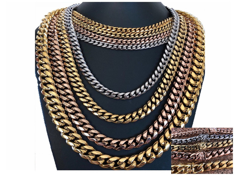

8/10/12/14mm Titanium Stainless Steel Encryption Miami Cuban Link Chains Gold Silver Rose Gold Buckle Mens Necklaces