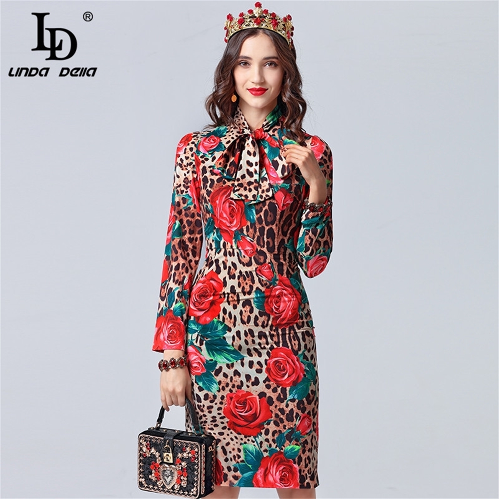 

LD LINDA DELLA Fashion Designer Autumn Dress Women's Long Sleeve Bow Collar Sexy Leopard Printed Rose Floral Elegant Dress LJ200824, Black;gray