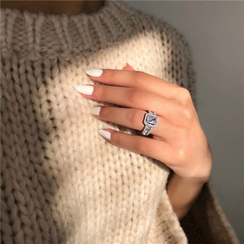 

Sparkling Square Zircon Wedding Rings with Side Stones for Women S925 Silver Plated Full CZ Engagement Diamond Ring Party Fashion Jewelry