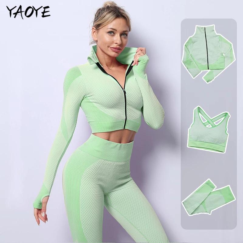

YAOYE 2/3PCS Seamless Women Zipper Yoga Set Workout Sportswear Gym Clothing Fitness Long Sleeve Crop Top High Waist Sports Suits, Brapants pink