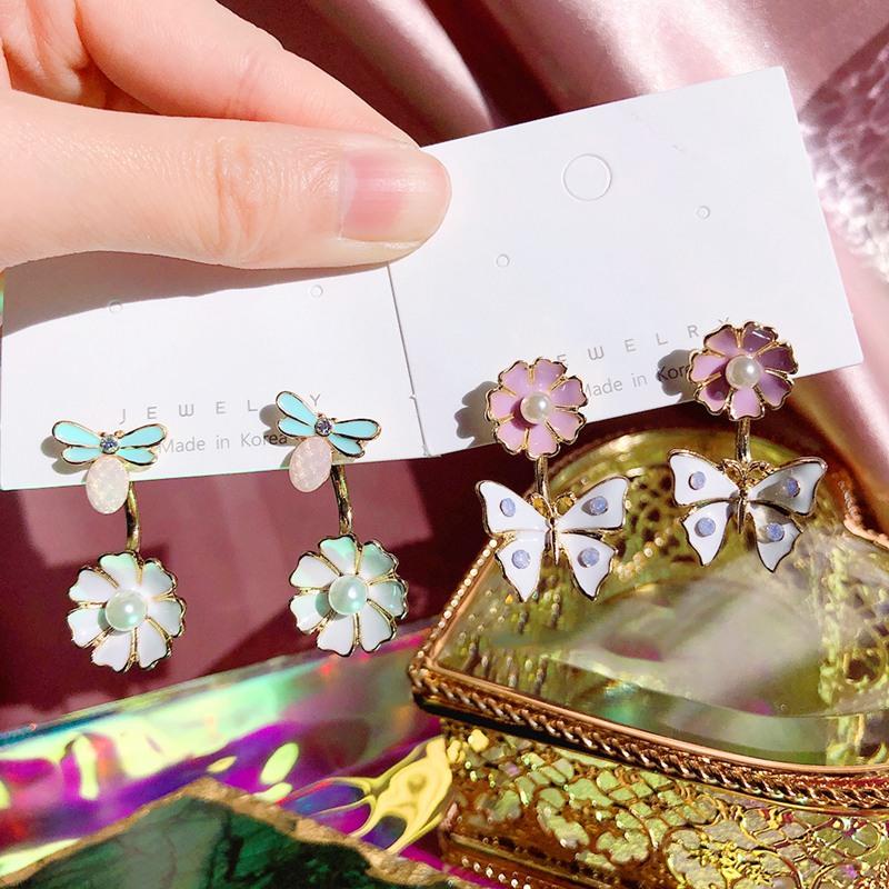 

MENGJIQIAO New Spring Elegant Metal Flower Butterfly Drop Earrings For Women Students Holiday Fashion Pearl Pendientes Jewelry