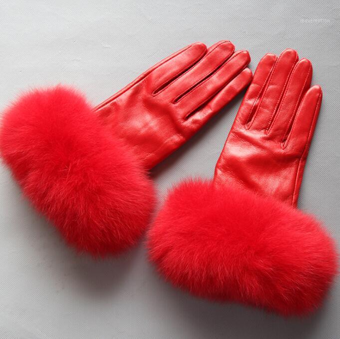

Women's natural big fur genuine leather glove lady's warm natural sheepskin leather plus size red driving glove R24451