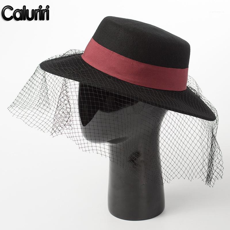 

Caluriri Elegant Fedora Hat French Style Lace Veil Woolen Flat Party Top Hat Ladies Black Bowler Flat Top1