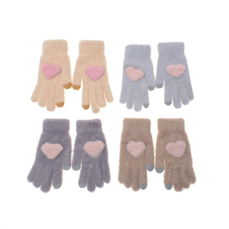 

Five Fingers Gloves Soft Winter Furry Thick Warmer Pink Heart Warm Lovely Jacquard Knitting Touch Screen Mittens Plush