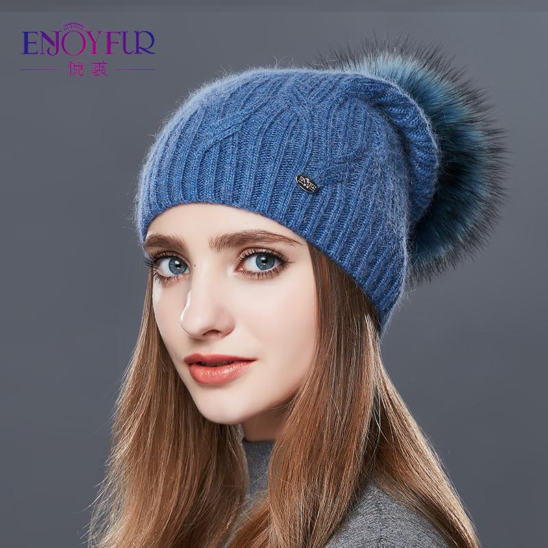 

ENJOYFUR High Quality Cashmere Women Winter Hats Fashion Link Type Knitted Hat Female Girl Autumn Fur Fur Pompoms Beanies 2020, 24