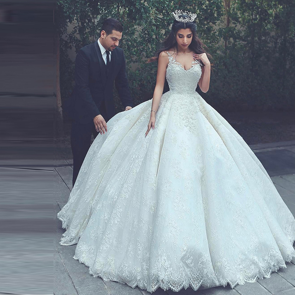 

2021 New More Recent Muslim Bride Bow Dressed As Ball Gown Straps v Neck Lace Until Return Wedding Gowns Plus Size UX51, White