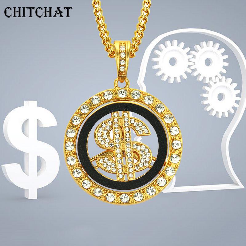 

Punk Round US Dollar Necklace Iced out Rhinestone Pendant Hip Hop Rap Jewelry Money Symbol $ For Man Gift