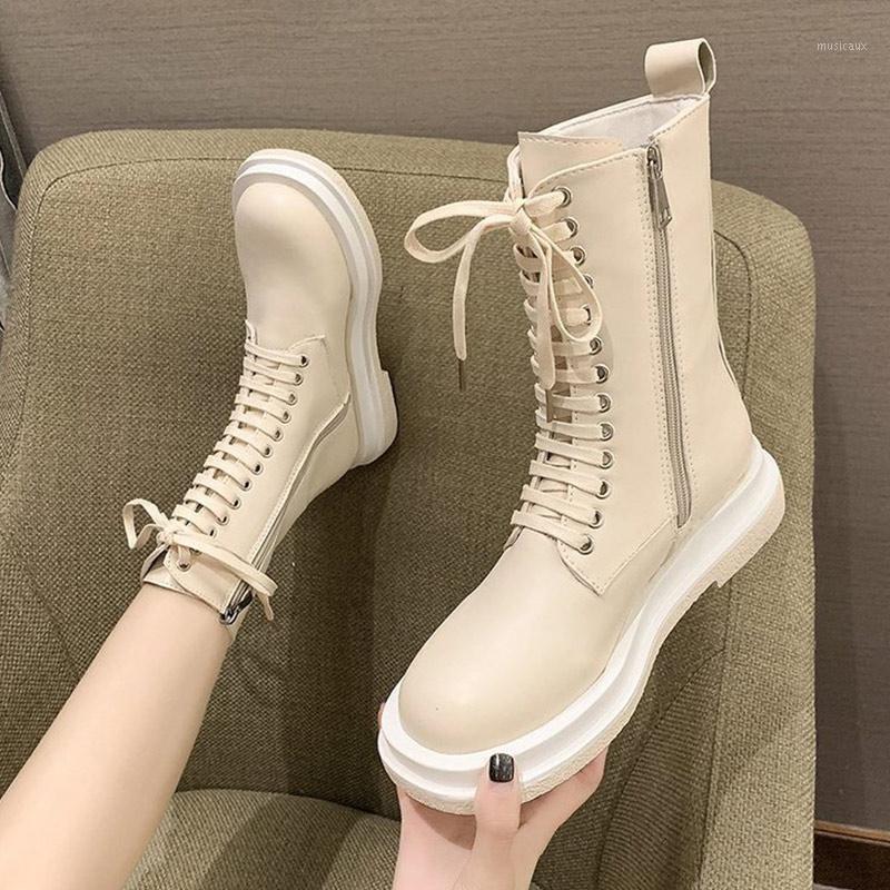 

Ankle Boots Women's Short Boots Lace Up Ladies Fashion Flats Shoes Platform Heels PU Leather Female Round Toe 2020 New Hot1, Black