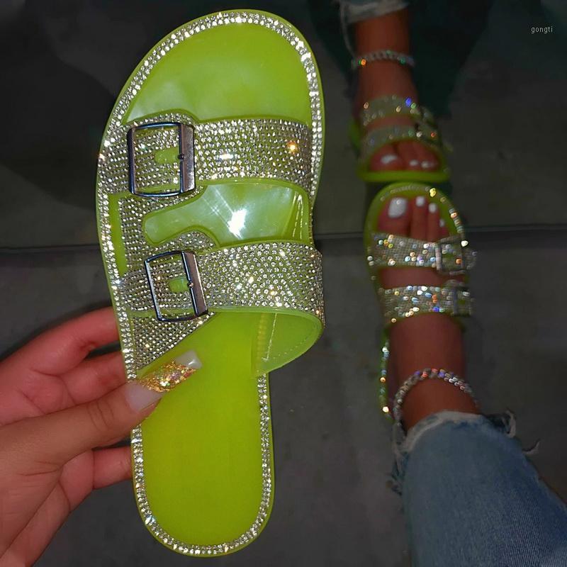

New Summer Women Crystal Slippers Glitter Flat Soft Bling Female Candy Color Flip Flops Outdoor Ladies Slides Hot Beach Shoes1, White