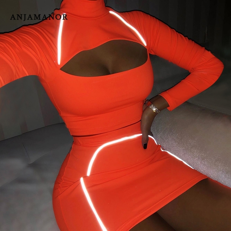 

ANJAMANOR Reflective Striped Neon Two Piece Skirt Set Sexy Club Outfits Fall Women Matching Sets Festival Clothing D66-AB87 Y200110, Green