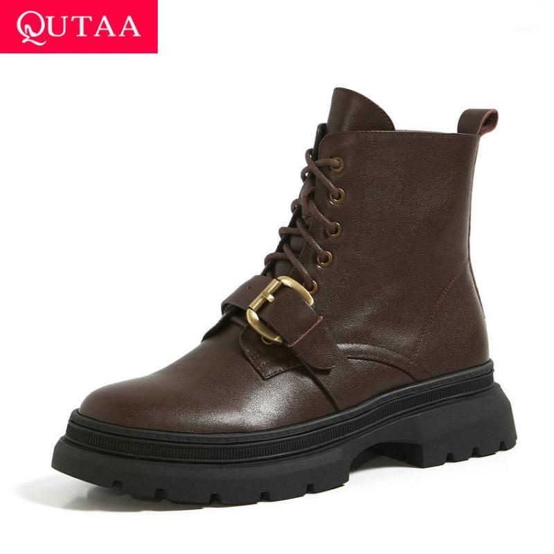 

QUTAA 2021 Ankle Boots Square Heel Fashion Buckle Lace Up Zipper Short Boots Cow Leather Casual Round Toe Women Shoes Size 34-391, Black